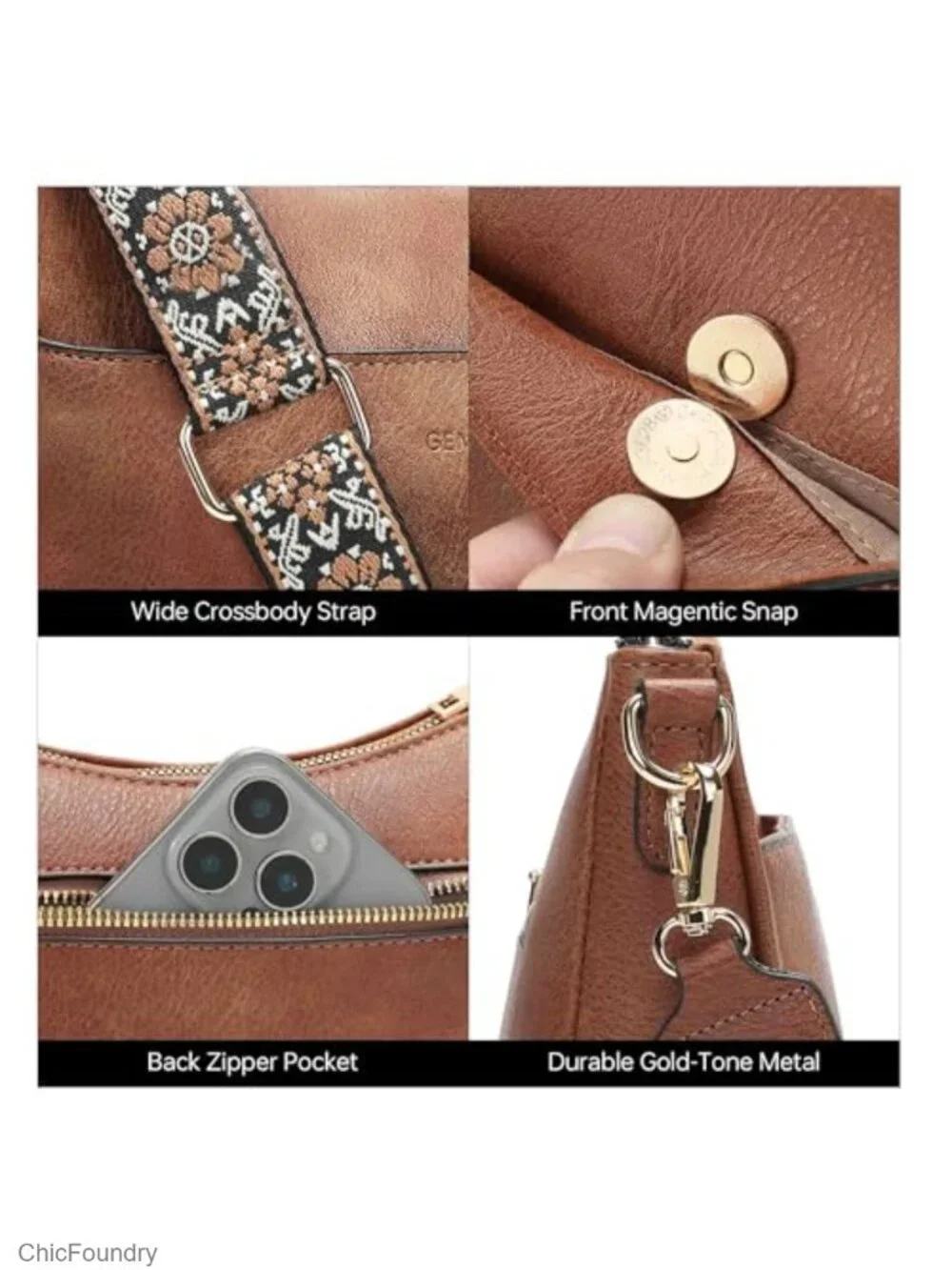 Women's Vegan Leather Crossbody Hobo Bag with Adjustable Wide Guitar Strap